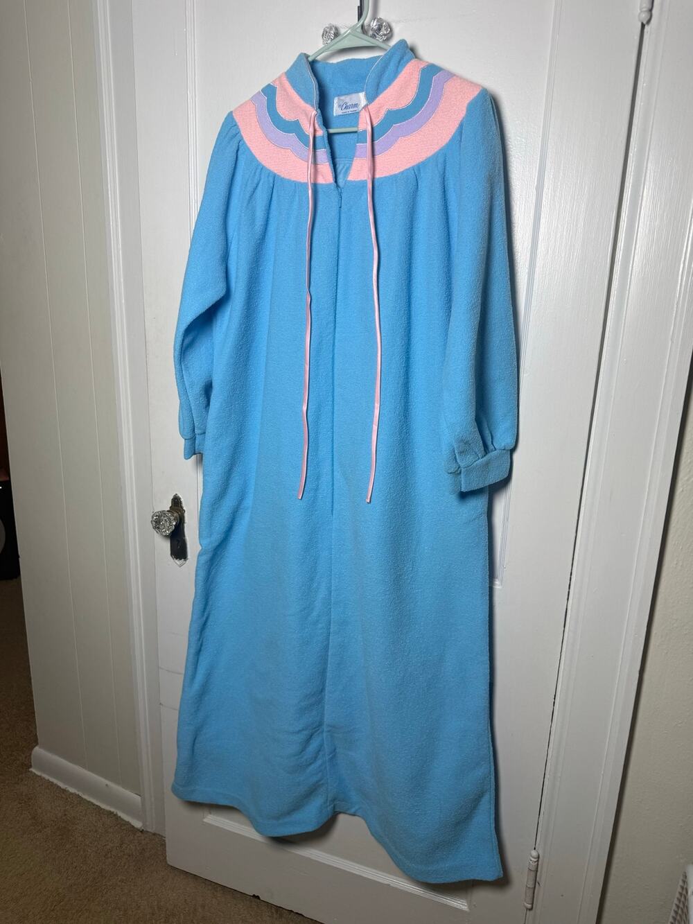 Vintage Its A Charm Blue Pink Gown Housecoat Zip Robe Size XL Floor Length